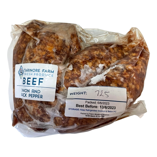 Tarinore Farm - Beef Sausages Onion and Black Pepper per kg (not postable)