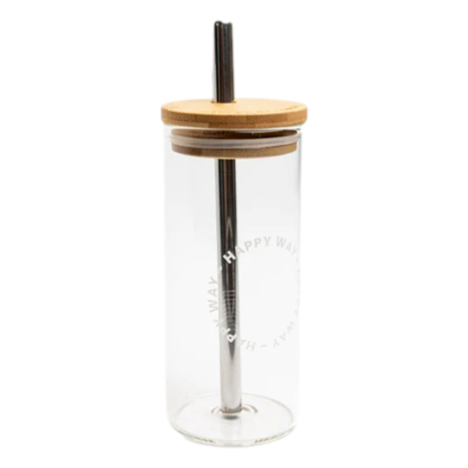 Happy Way - Glass Tumbler with Stainless Steel Straw 580ml